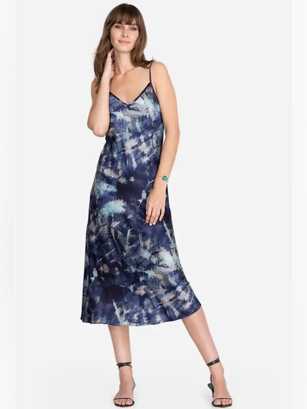 EUC Johnny Was Moonlight Silk Midi Slip Dress RARE Blue Aqua & Silver Tie Dye XL